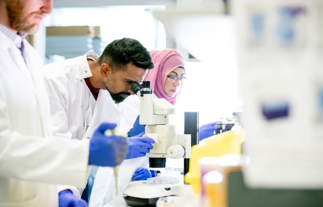 Person in scientific research lab looks into microscope