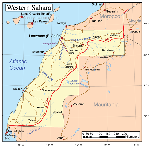 This is a general map of Western Sahara. The Polisario Front controls the area to the east of the berm, while Morocco controls the area to the west.