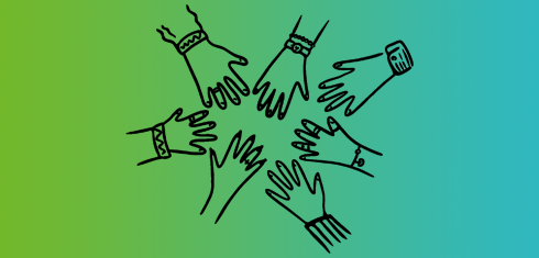 Line drawing of a group of hands in a circle on a green and blue gradient background