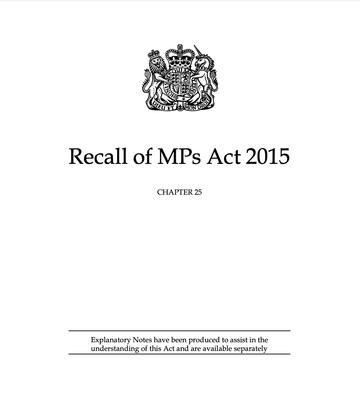Front cover of the Recall of MPs Act 2015, featuring the title of the legislation and the Royal Crest in black and white.
