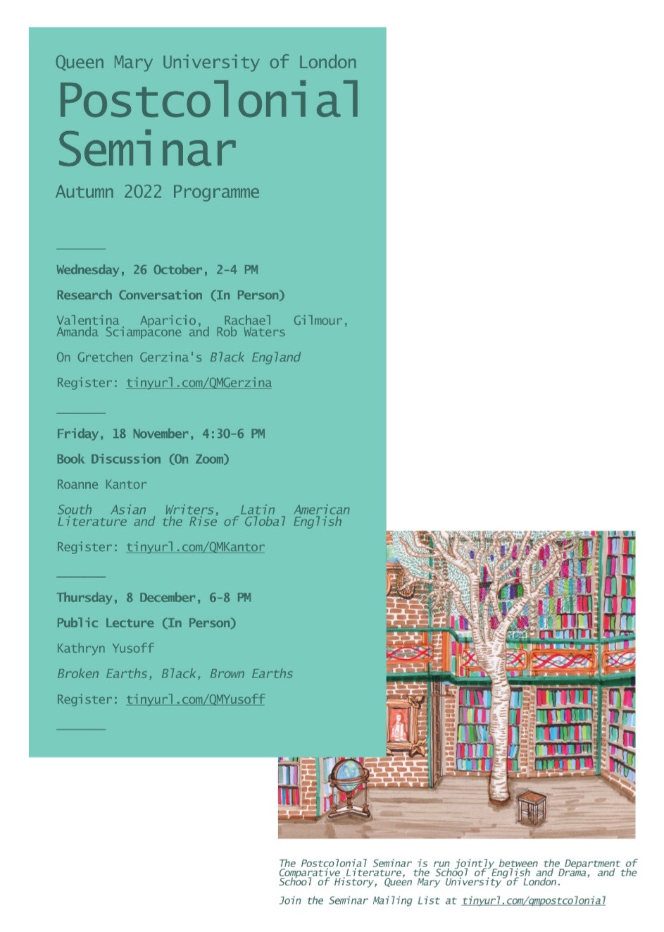 Poster showing details of postcolonial seminar Autumn 2022