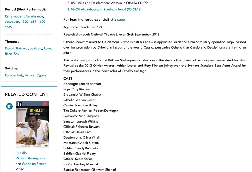 Further screenshot of NT resources for Shakespeare's Othello, showing production and cast info (2013 performance)