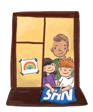 Image showing 2 children and an adult in a window with a rainbow poster in the window and drawing an NHS support poster 