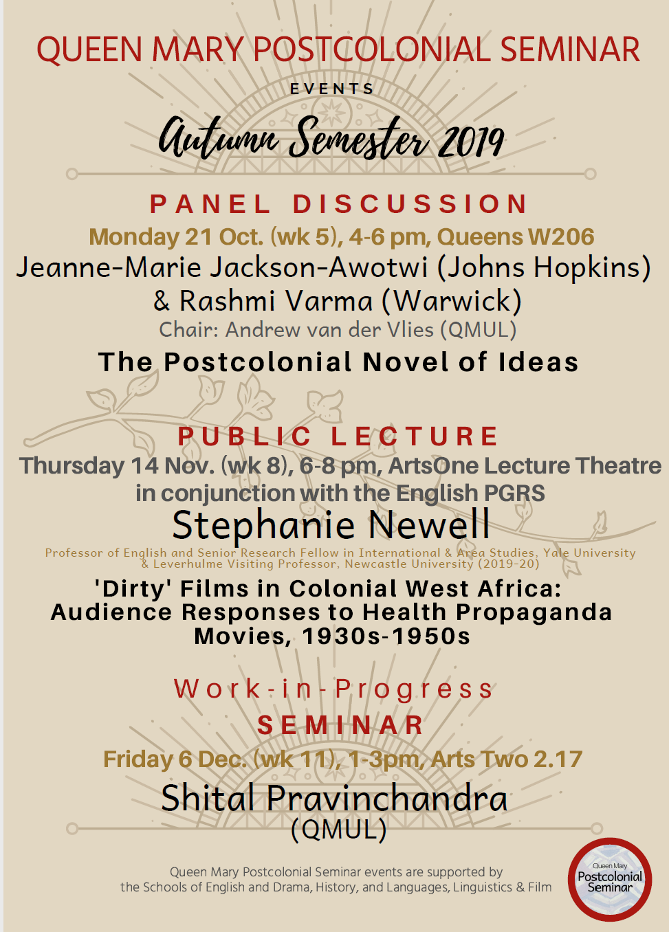 poster for the autumn 2019 postcolonial seminar series