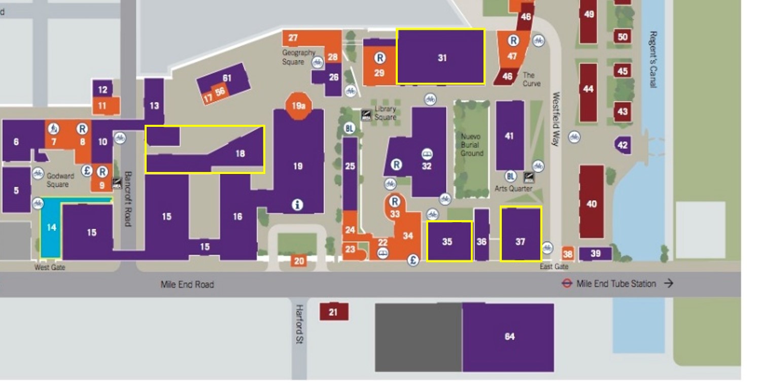 A cropped map of the Mile End campus, highlighting buildings that the linguistics department uses the most