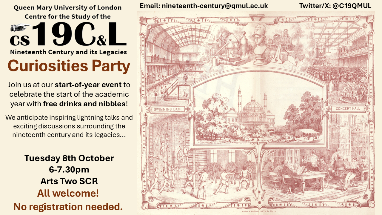 poster  for 2024 curiosities party, showing 19th century images of part of the college