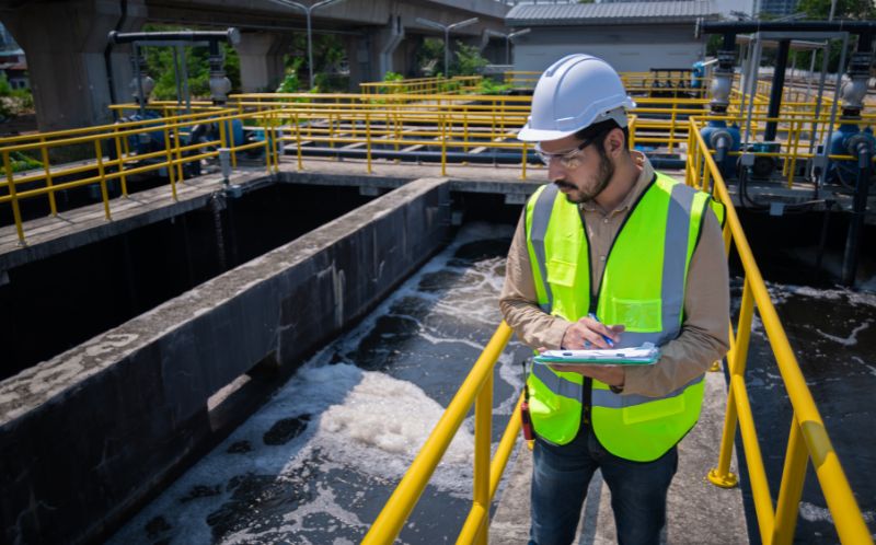 Engineer take water from wastewater treatment pond to check the quality of the water. After going through the wastewater treatment process stock photo