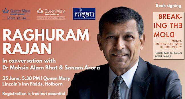 Event title and details with portrait of Raghuram Rajan