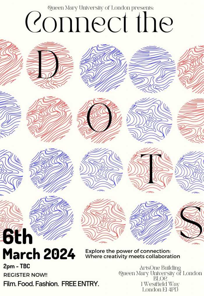 Red and blue dotted poster for a creative event called Connect the Dots