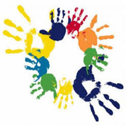 Colourful painted handprints in a circle formation.