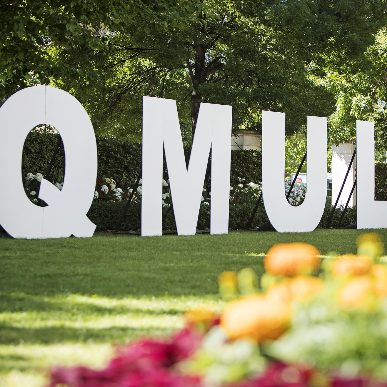 Large wooden letters on a lawn spelling out QMUL
