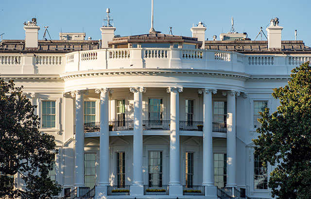 The close up view of the font of the White House in Washington DC, USA.