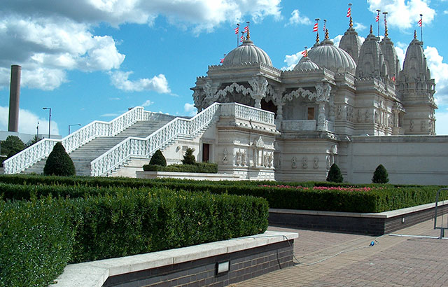 The exterior of the BAPS Shri Swaminarayan Mandir Temple in Neasden, London.