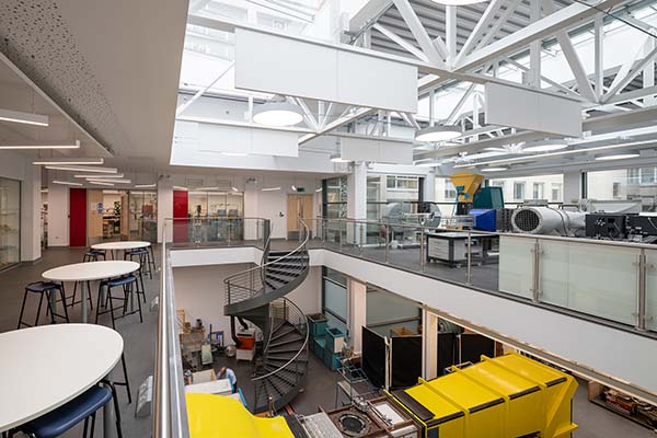 A view of the Aeronautical Teaching Lab with a spiral staircase connecting two levels