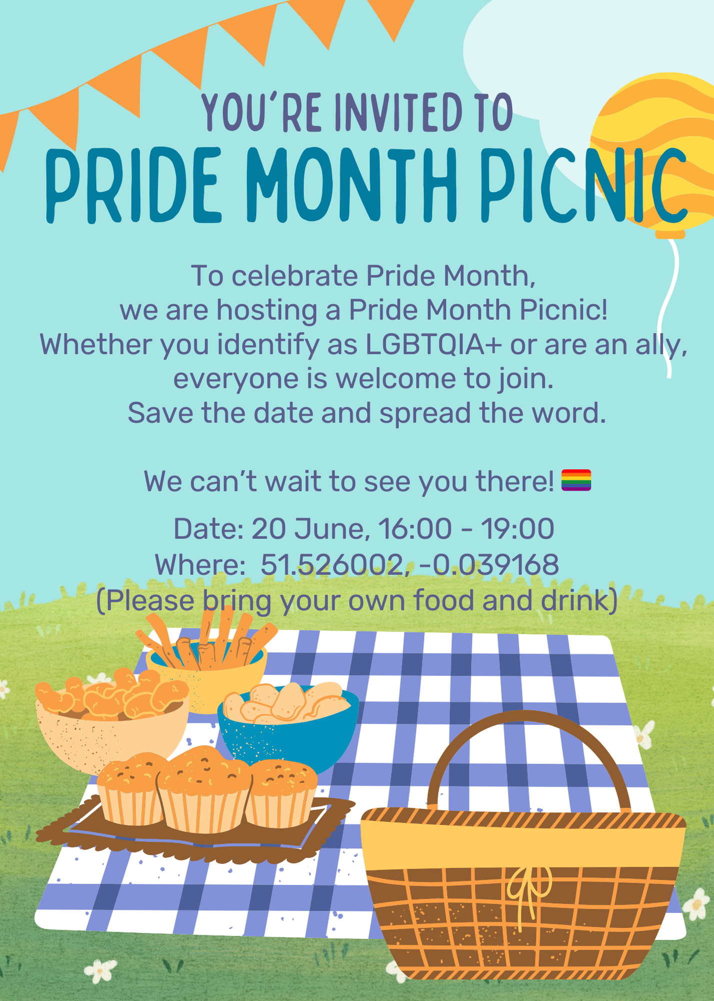 An illustration of a picnic blanket on the grass with sun in the sky. Text overlaid reads 'Pride Month Picnic'