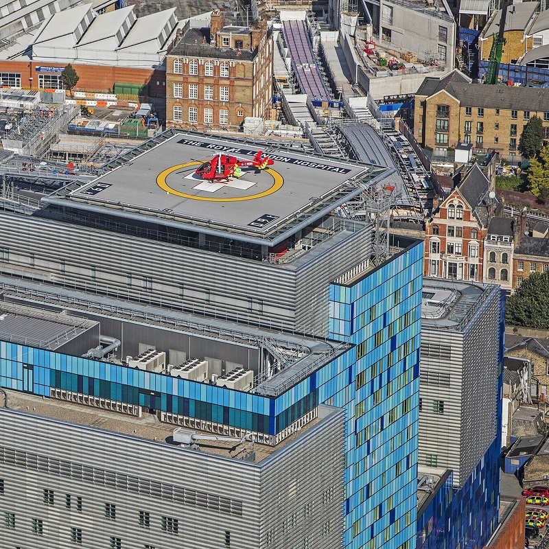 An aerial view of The Royal London Hospital and helipad, and surrounding buildings
