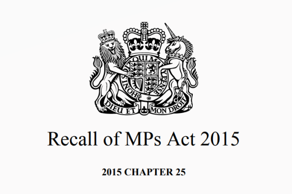 Front cover of the Recall of MPs Act 2015, featuring the title of the legislation and the Royal Crest in black and white.
