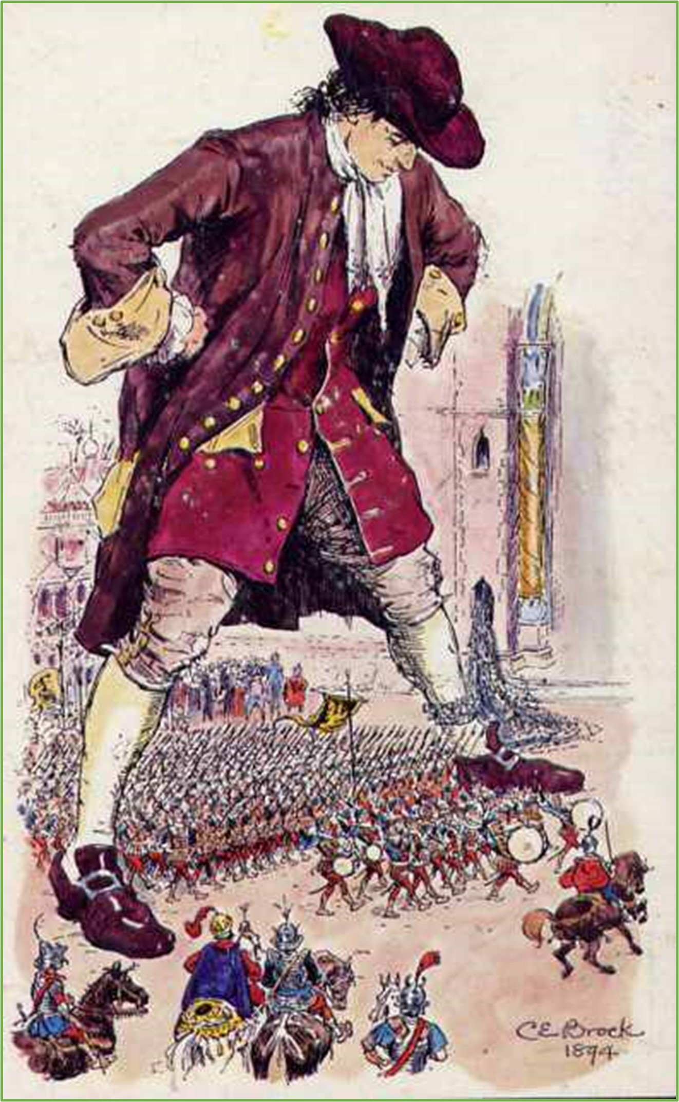 Drawing of Gulliver, image of giant man towering over tiny crowd of people