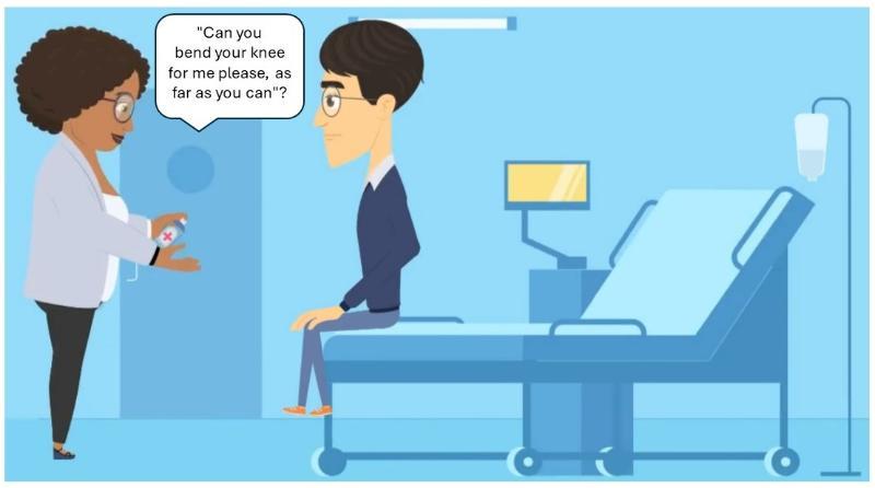 A cartoon image showing a doctor and a patient with a speech bubble 'Can you bend your knee for me, as far as you can?'