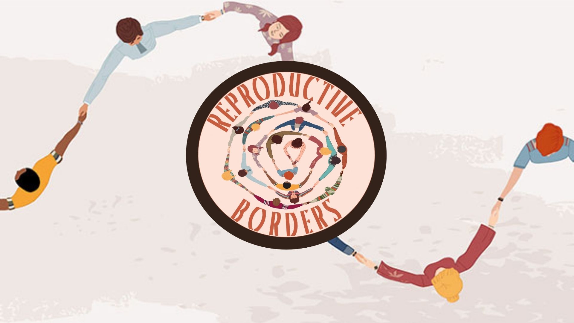 Logo for the RBBR research project. Circular in shape with Reproductive Borders across the top and bottom. A center circle includes women holding hands in a spiral shape.