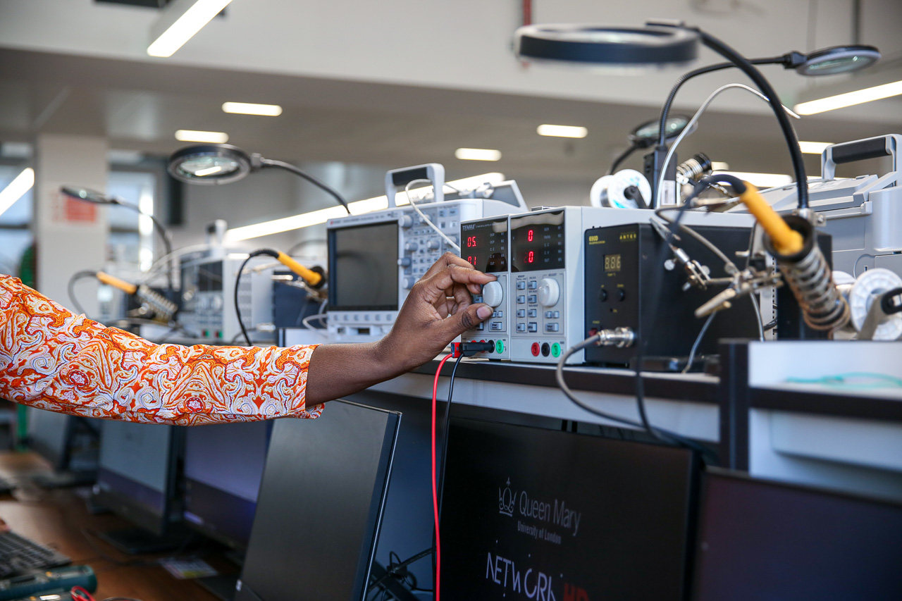 Students working in Electronics Laboratory, an engineering laboratory, in Engineering Building. Images taken for the Postgraduate Prospectus 2024.