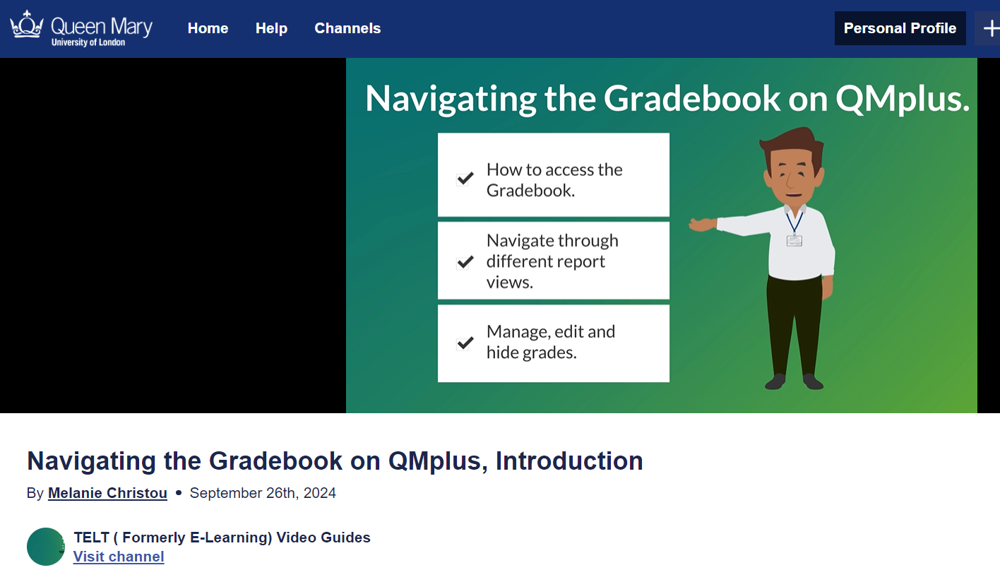 Screenshot of Navigating the Gradebook video on QMplus Media