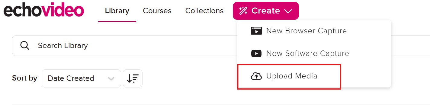 An image showing the Echovideo Create menu and highlighting Upload media