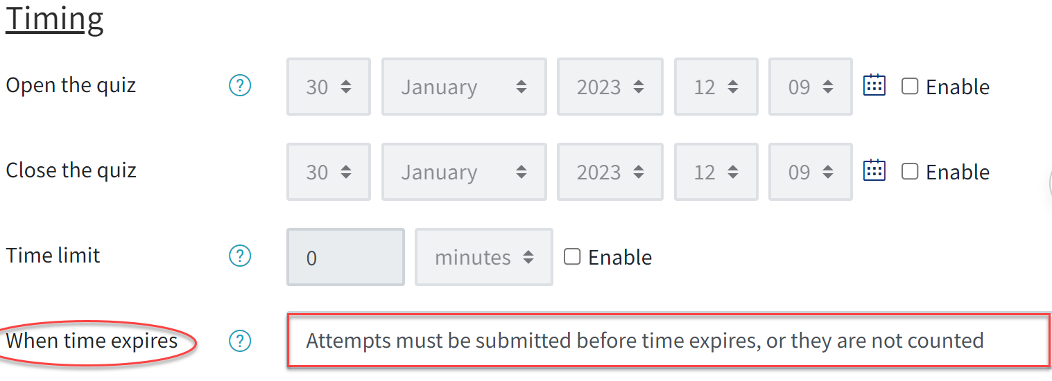 QMplus Quiz timing settings